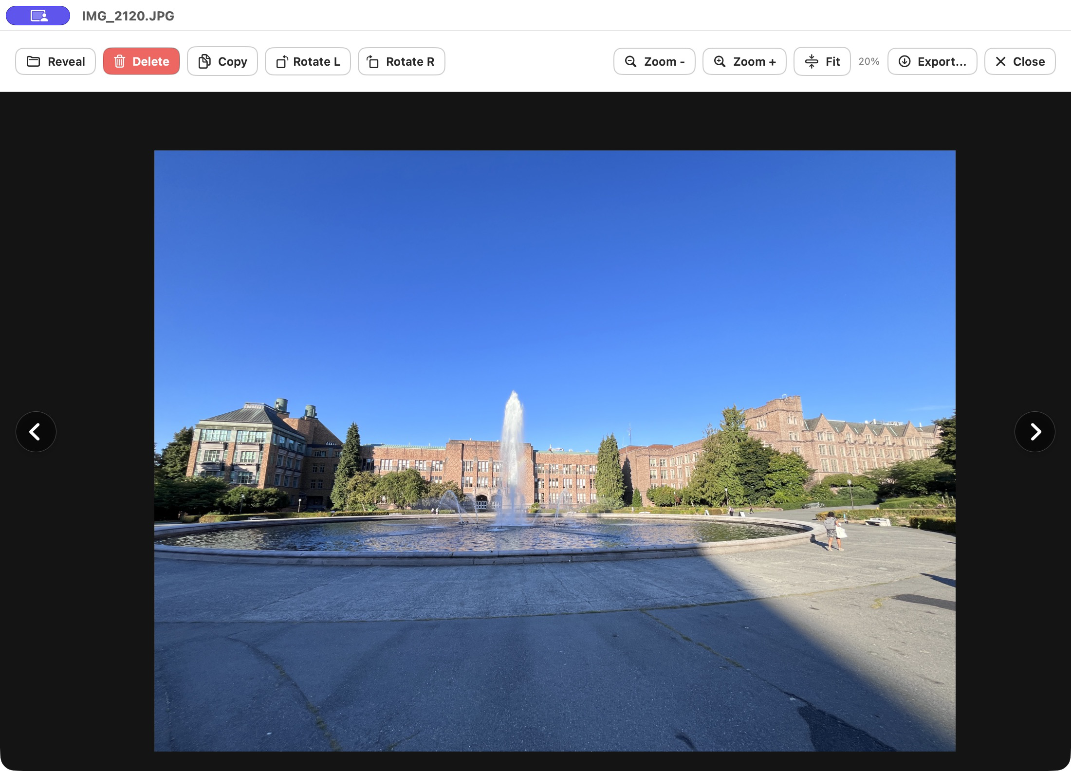 DeskVault image viewer showing a real campus fountain photo from the Personal Archive